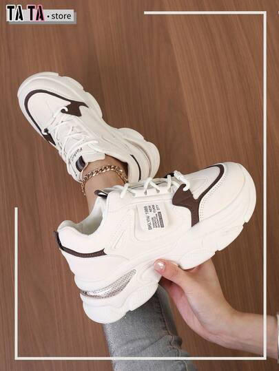 1 Pair Women's Thick Sole White Lace-Up Fashion Chunky Sneakers, White Athletic Shoes, Fashionable Gold Small White Shoes, Flat Casual Shoes For Students, School, Versatile Lace-Up Leisure Sports Shoes For Women In Spring And Autumn, Fashionable, Comfortable White Shoes, Solid Color Flat Campus Style Outdoor Skateboard Shoes, Running Shoes