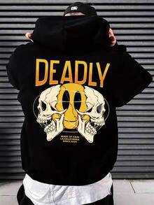 Men's Casual Hooded Sweater With Bold DEADLY Skull Print  Long-Sleeve, Regular Fit, Ideal For Autumn & Winter Outdoor Travel And Daily Wear,Fall Hoodies,Men's Fall Clothes,Street Wear,Halloween,Mens Hoodies,Y2k Clothes,Jesus Hoodie,Thanksgiving Day,Nightmare Before Christmas,Christmas - 黑色 - 查看 1
