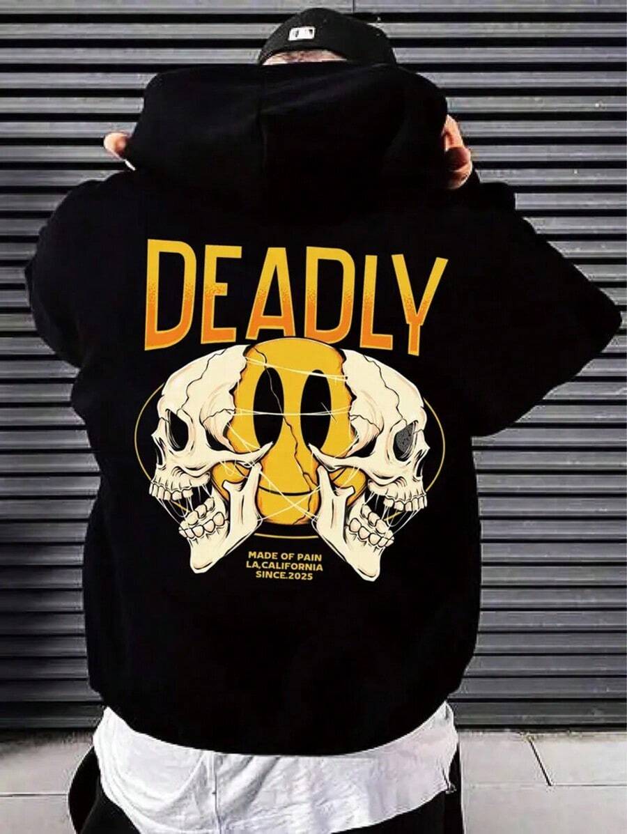 Men's Casual Hooded Sweater With Bold DEADLY Skull Print  Long-Sleeve, Regular Fit, Ideal For Autumn & Winter Outdoor Travel And Daily Wear,Fall Hoodies,Men's Fall Clothes,Street Wear,Halloween,Mens Hoodies,Y2k Clothes,Jesus Hoodie,Thanksgiving Day,Nightmare Before Christmas,Christmas - 黑色 - 查看 1