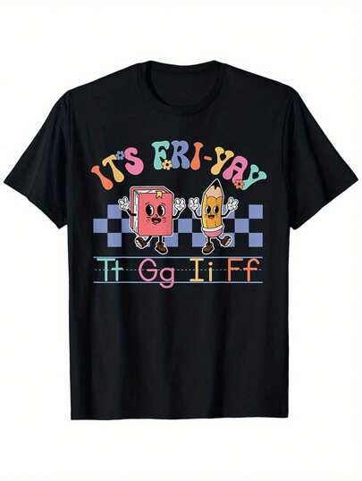 One Piece Of 100% Pure Cotton 180g  Authorization "Today Is Friday, Jay!" Fun Pattern T-Shirt - 100% Cotton, Black, Sizes S-XXXL - Colorful Cartoon Print, Ideal Gift For Men, Teachers, Parents - Casual Crew Neck, Machine Washable, Travel Clothing | Colorful Printed Shirt | High-Quality Fabric