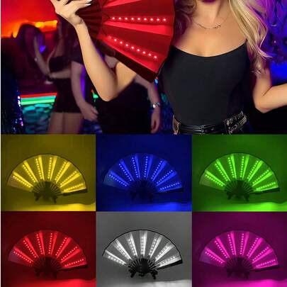 1个带LED灯的嘉年华折叠扇，大型手持扇，带彩色灯光（含电池），派对礼物，母亲节，世界杯，表演，婚礼，生日，家居装饰，夜店，荧光派对用品，日式拍扇，音乐节，嘉年华，游乐设备，圣诞节，万圣节派对，秋季装饰，角色扮演，发光