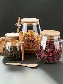 2pcs Set: Airtight Glass Storage Jar With Spoon - Perfect For Coffee, Sugar, Tea, Salt, Candy And Spices | Ideal Kitchen Organizer For Home, Restaurant And Food Truck, Essential For Ramadan Dry Goods Storage