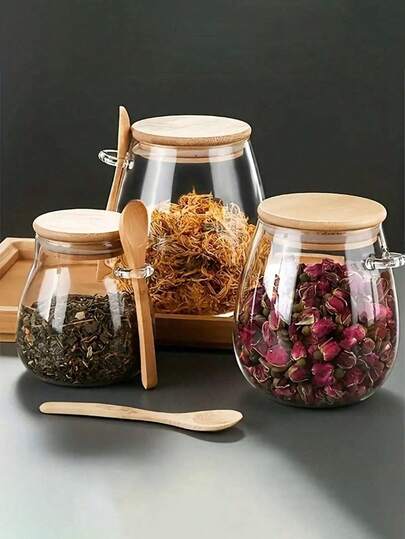 2pcs Set: Airtight Glass Storage Jar With Spoon - Perfect For Coffee, Sugar, Tea, Salt, Candy And Spices | Ideal Kitchen Organizer For Home, Restaurant And Food Truck, Essential For Ramadan Dry Goods Storage