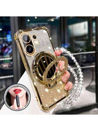 New Phone 16 Four Corner Anti Drop Case+Sparkling Pink Paper Pearl Hanging Rope Sparkling Pink Circular Makeup Mirror Magnetic Bracket Integrated Phone Case Compatible With IPhone 17/6/7/8/X/XS/XR/11/12/13/14/15/16,Galaxy S22/23/24, A04/05/06/A14/A15/A16/A24/A25/A34, Redmi Note 7/8/9/10/11/12/13 ,Redmi 9/10/12/13C,OPPO,MOTO,Honor X,HW,Realme C53 C55