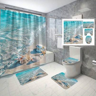 1 Set Beach Starfish & Shell Shower Curtain Set, Home Bathroom Toilet Decor Carpet, 1 Set Of 4 Pcs (Square Shower Curtain + Rectangular Carpet + U-Shaped Pedestal Mat + Oval Toilet Lid Cover), Comes With 12 PVC Shower Curtain Hooks