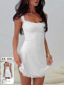 Elegant Fashion Ruffle Strap Bow Knot Lace Patchwork Sleeveless Fitted Mini Slip Dress - White - View 8