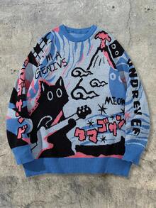 ANDREILEE Áo len dài tay dáng rộng, thoải mái, unisex, phong cách tối giản, màu trơn, họa tiết hoạt hình khảm, thích hợp cho mùa tựu trường và đi làm. - Màu xanh lam - Xem 2