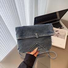 Women's Denim Shoulder Bag With Magnetic Snap Fashionable Adjustable Crossbody Bag For Work, Travel - Blue - View 2