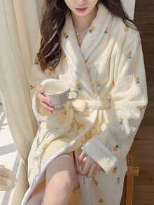 1 szt. japoński szlafrok yukata, długa sukienka nocna z nadrukiem uroczego misia, jesienna, swobodna odzież domowa