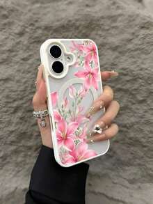 Pink Lily Flowers Pattern Magnetic Clear Phone Case For IPhone 17/16/15/14/13/12/11/Air/ProMax/Pro/Plus For Samsung Galaxy S25-S22/FE/Ultra, Shockproof Acrylic+TPU Cover, Fundas Para Cover De Matching, Creative Y2K Design, Compatible Forroid Cases For Students - 白色 - 查看 2