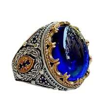 Men's Inlaid Blue Gemstone Carved Ring Vintage Men's Ring High-End Inlay - Màu xanh lam - Xem 5