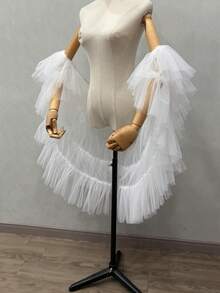 1 件白色新娘简约可拆卸多层不对称网眼披肩夸张泡泡袖斗篷新娘配饰 - 彩色 - 查看 5