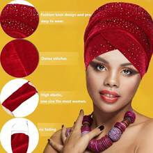 Awegeo 奢华女士非洲风情头巾 – 手工水晶装饰精美头巾，适合特殊场合，也可作睡帽或睡帽使用。 - 彩色 - 查看 2