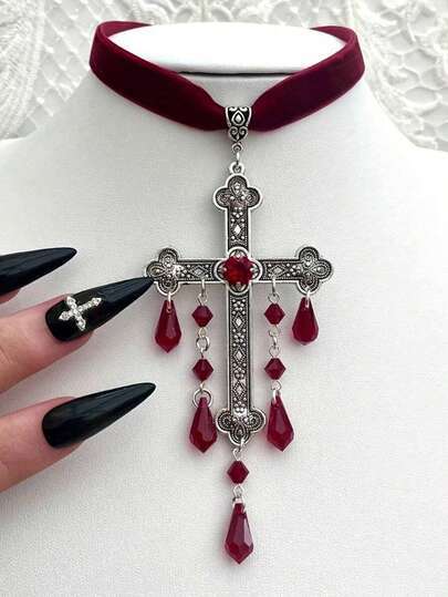 1Pc Vintage Gothic Cross Pendant Necklace, Personalized Punk Jewelry For Women, Perfect For Daily&Party Wear, Halloween Accessory