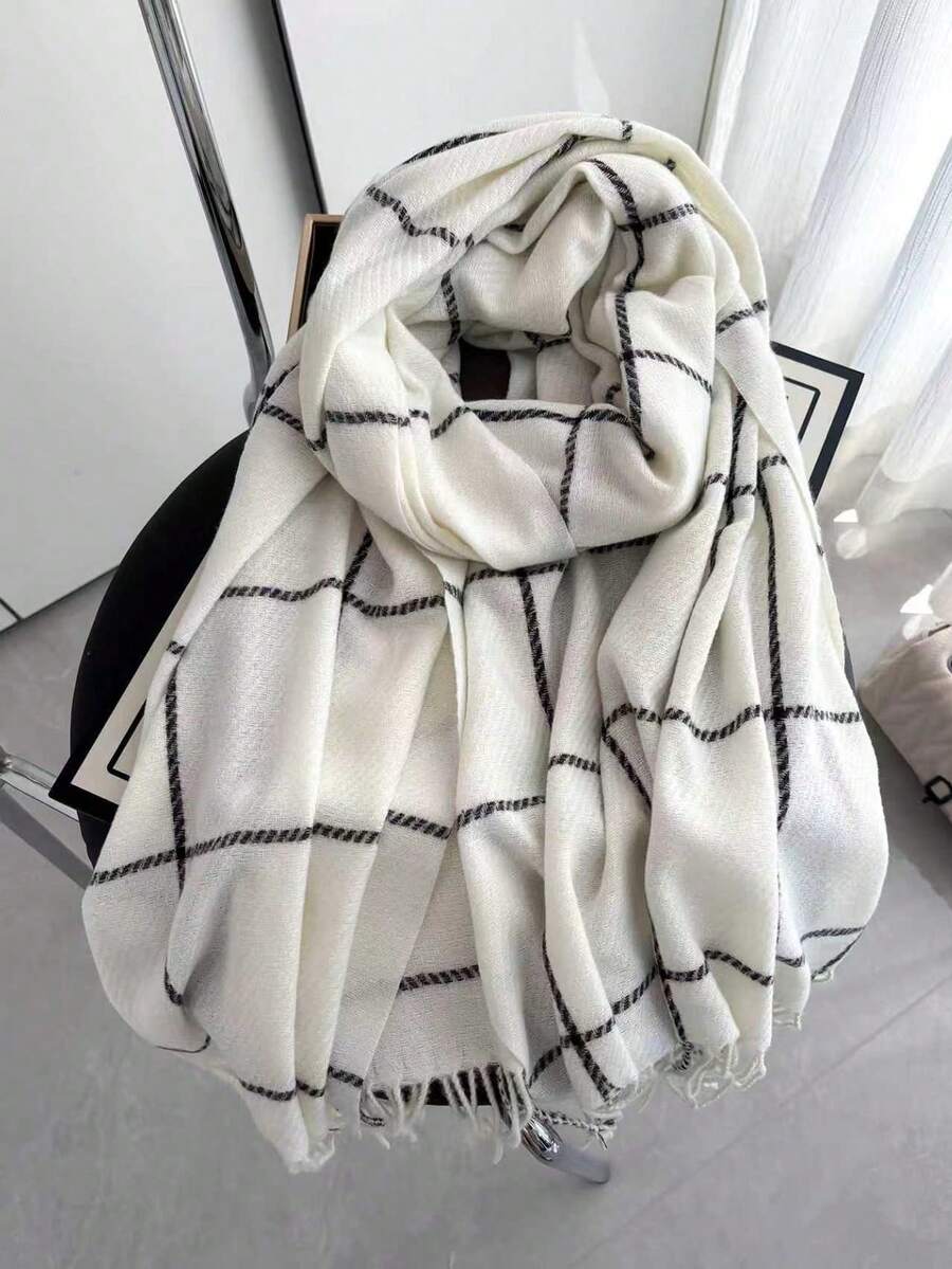 1 件女士冬季新款仿羊绒格子围巾，简约时尚流苏环围巾保暖披肩男女通用防寒，适合日常旅行、休闲穿着 - 白色 WT156-4 - 查看 1