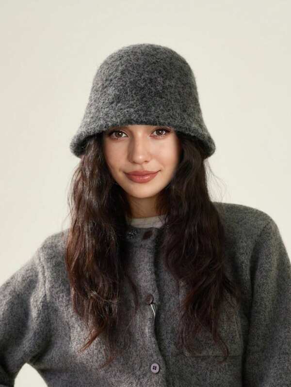 1pc Women's Autumn/Winter New Wool Bucket Hat, Warm & Face-Slimming Fluffy Knitted Bucket Hat, Versatile & Stylish