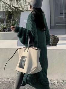 纯色前开宽松针织开衫，休闲长袖长款带口袋毛衣，女士服装 - 墨綠色 - 查看 3