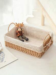 1pc Woven Pattern Desktop Storage Basket With Handles For Home Organization, Multi-Purpose Storage Solution For Makeup, Remote Control, Keys And Miscellaneous Items, Bohemian Rope Plant Pot Basket For Living Room, Bedroom And Office Decor - Apricot - View 12
