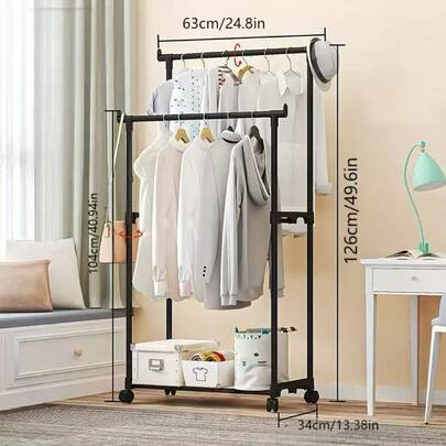1pc Household Floor-Standing Coat Rack, Small Bedroom Coat Rack, Bag Rack Single And Double Rod Clothes Rack, Multifunctional Clothes Rack, Portable Clothes Rack For Hanging And Displaying Clothing, Storage Clothes Rack, Room Decoration, Home Decoration, Autumn Decoration Bedroom Decoration, Living Room Multi-Layer Rack, Room Clothes Rack, Indoor Movable Simple Multifunctional Storage Clothes Rack, Balcony Clothes Rack
