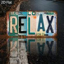 2D平面复古金属墙饰“RELAX” - 乡村工业风装饰，做旧彩色车牌设计，适用于农舍、花园、车库入口 - 无需用电，户外金属装饰，花园标牌，车牌风格金属工艺品，车库装饰，农舍风格爱好者，预钻孔，孔型随机 - 彩色 - 查看 1
