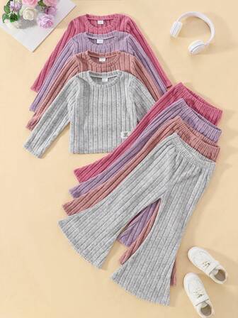 4 Sets (8pcs) Girls & Toddlers Solid Color Soft Comfortable Ribbed Knit Fabric Long Sleeve Top And Pants Set, Suitable For Outdoor Wear, Autumn/Winter