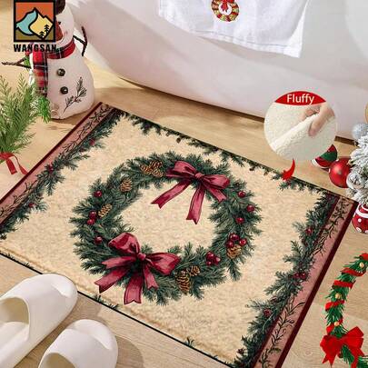 1/2 stuks kerstkrans met rood strikpatroon, antislipmat voor in de badkamer, imitatiekasjmier, pluche decoratie, geschikt voor badkamers, deuropeningen, keukens en feestelijke decoraties, machinewasbaar, cadeau-idee