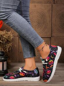 Round Toe Contrast Color Slip-On Halloween Ghost Pumpkin Bat Funny Element Fashion Versatile Lightweight Party Women Cartoon Canvas Shoes - Black - View 8