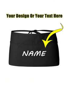 1Pc Personalized CustomUnisex Polyester Apron With 3 Pockets - Customizable Short Half Waist Waiter Work Uniform Hair Stylist Black Apron Hairdresser Beauty Salon Cosmetologist Cosmetology School Barber Gift Custom,For Kitchen, Hotel, Restaurant, Cooking, Baking, And Chef Use, Perfect For Personalized Text Or Logo