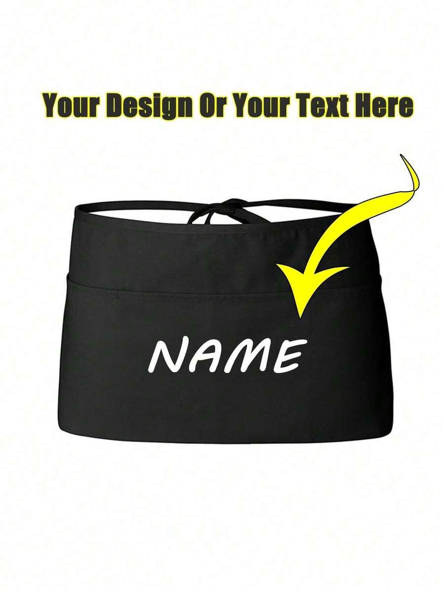 1Pc Personalized CustomUnisex Polyester Apron With 3 Pockets - Customizable Short Half Waist Waiter Work Uniform Hair Stylist Black Apron Hairdresser Beauty Salon Cosmetologist Cosmetology School Barber Gift Custom,For Kitchen, Hotel, Restaurant, Cooking, Baking, And Chef Use, Perfect For Personalized Text Or Logo