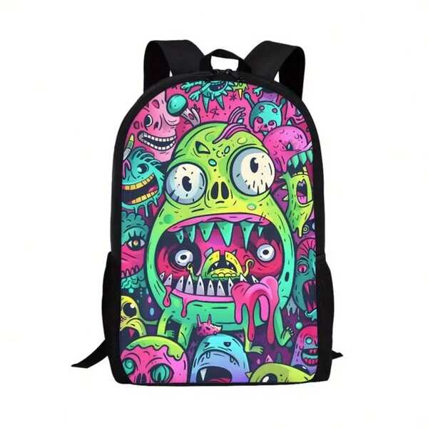 1 pieza Mochila con estampado de dibujos animados y correas de doble hombro, con estampado de un niño monstruo de estilo anime hecho de tela Oxford con forro de poliéster, esencial para estudiantes de primaria y secundaria que van a la escuela.