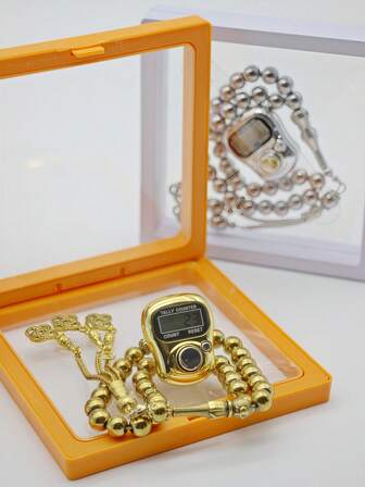 豪华金属念珠套装 | 3 种颜色可选：金色/银色/玛瑙黑，6 毫米 33 颗金属纹理穆斯林念珠 + 带重置按钮的电子计数器，11x11x2cm 精美浮动礼盒，结合信仰计数和奢华装饰，非常适合日常祈祷、节日礼物（释放仪式感和虔诚感，浮动礼盒展现优雅品质）