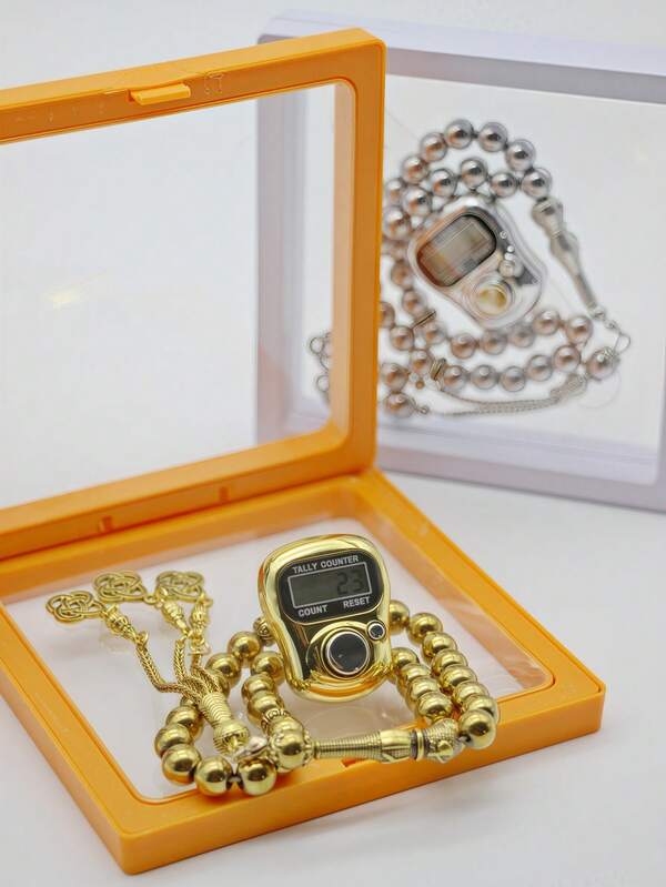 Juego de cuentas de rosario de metal de lujo | 3 colores disponibles: oro / plata / negro ónice, 33 cuentas de metal de textura de 6 mm Cuentas de oración musulmanas + contador electrónico con botón de reinicio, caja de regalo flotante exquisita de 11x11x2 cm, combina el conteo de la fe y la decoración de lujo, ideal para la oración diaria, regalos de festivales (desbloquea un sentido de ritual y devoción, la caja de regalo flotante muestra una calidad elegante)