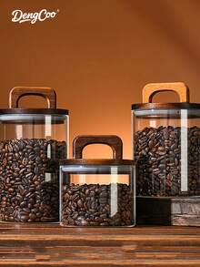 Dengcoo 1Pc Coffee Bean Storage Jar, Glass Sealed Jar, Wooden Lid Storage Jar, Food Storage Box, Spice Jar, Storage Box, Coffee Powder Display Jar & Display Bottle, Tea Jar, Jar For Tea, Coffee & Sugar, Kitchen Storage Box, Suitable For Saudi National Day Use, Kitchen Storage And Home Organization