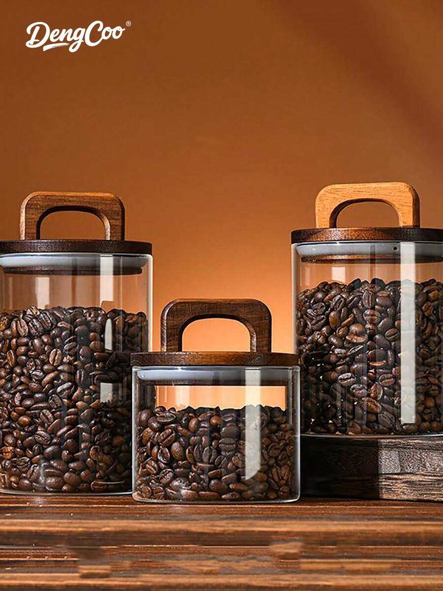 Dengcoo 1Pc Coffee Bean Storage Jar, Glass Sealed Jar, Wooden Lid Storage Jar, Food Storage Box, Spice Jar, Storage Box, Coffee Powder Display Jar & Display Bottle, Tea Jar, Jar For Tea, Coffee & Sugar, Kitchen Storage Box, Suitable For Saudi National Day Use, Kitchen Storage And Home Organization