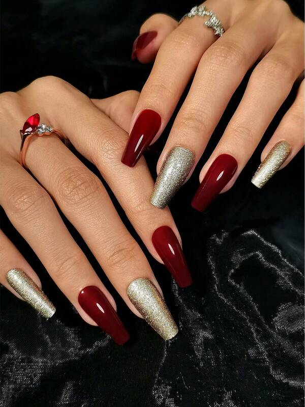 24pcs Long Coffin Shaped Press-On Nails, Burgundy Glamour Nail Art Design With Glitter, Comes With Jelly Gel And Nail File, Red Nails