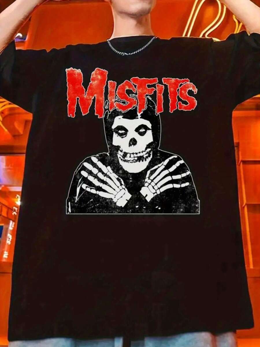 Men'S Black Short Sleeve Graphic T-Shirt - Misfits Skull Design, Casual Summer Tee, Soft Cotton Fabric, Round Neck, Regular Fit, Casual Attire  Skull Print Tee  Stretchable Fabric - màu đen - Xem 1