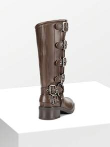 Women's Knee High Buckle Boots Motorcycle Biker Boots Square Toe Chunky Mid Heel Fashion Buckles Riding Boots - 褐色 - 查看 6