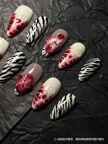 Uñas postizas hechas a mano de estilo corto-3D con flores, uñas postizas de almendra de tamaño mediano hechas a mano con puntas francesas, uñas acrílicas falsas gruesas con diseños de lunares, flores y estampado de cebra para el otoño. Incluye: 10 piezas, 1 pieza de pegamento de gelatina y 1 lima de uñas