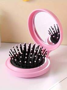 1pc Portable Folding Comb With Mirror - Soft Bristle Mini Massage Brush, Air Cushion Comb, All-In-One Massage Comb With Mirror, Foldable Pocket Comb, Cute Cartoon Design, Pink, Travel Hairbrush, Styling Hair Tools, Girls Christmas Gift (Pink), Back To School, Travel Holiday Essentials, Women's Hair Accessories - Multicolor - View 2