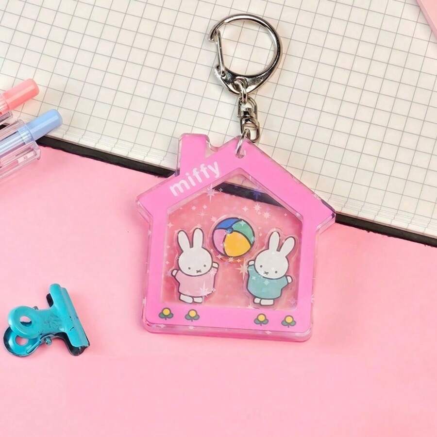 Móc khóa chuyển động lỏng của Miffy (10cm) có thiết kế hình ngôi sao, ngôi nhà, bông hoa hoặc hình bầu dục - Móc khóa lắc acrylic vui nhộn cho túi xách và chìa khóa. - Hồng - Xem 1