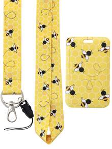 1pc Cute Bee Teacher Neck Lanyard With ID Badge Card Holder,Metal Keyring,Cell Phone Rope,Yellow Polyester Cell Phone Lanyard Necklace For ID Badge Card Holder,Keys,Keychain,Great Gift For Women,Teachers,Students,Staff