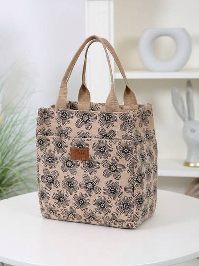 DLIU Thickened Corduroy Floral Print Fabric, Fashion, Minimalist, Retro Style Handbag, Lunch Box Tote Bag, Zipper Semi-Sealed, Front Zipper Pocket, Portable Shopping Bag, Multipurpose Bag, Lunch Bag, Bento Box Bag, Women's Bag, Large Capacity, Square Bag, Handheld Bag, Suitable For Outdoor Shopping, Strolling, School, Work Office, Daily Use For Traveling For Women Waterproof Bag Insulated Lunch Bag Lunchbox