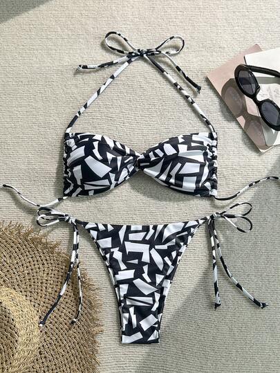 Women's Geometric Print Halter Neck Bikini Two Pieces Set, Sexy And Casual Backless Swimsuit With Distinctive Tie Design, Perfect For Beach Vacations, Pool Parties, And Summer Outings. Women's Swimwear, Women's Swimsuit, Vacation Outfits, Swimming Attire, Beach Holiday Wear.