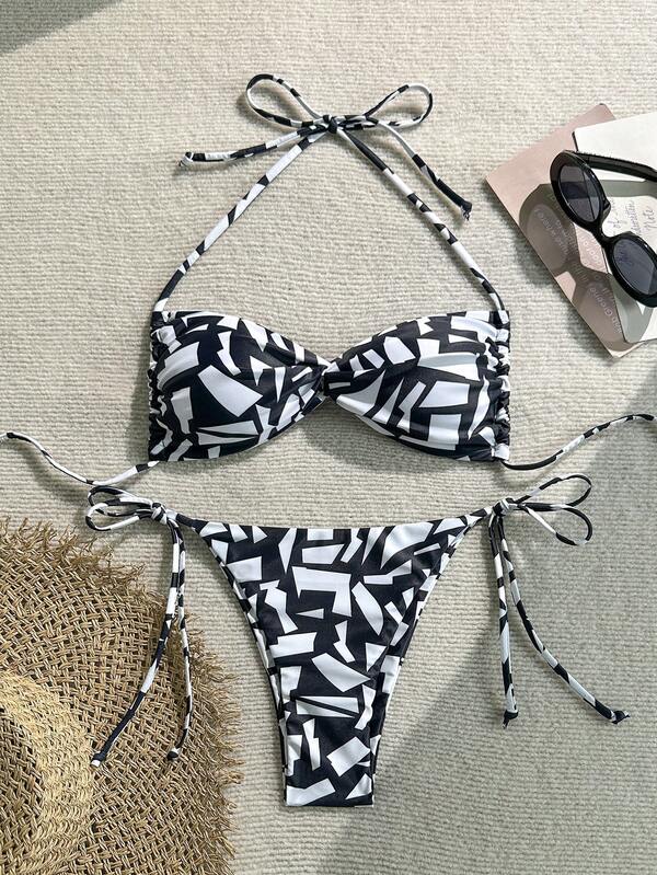 Bikini a due pezzi da donna con stampa geometrica e collo alto, costume da bagno sexy con design distintivo a nodo, perfetto per vacanze in spiaggia, feste in piscina e uscite estive.