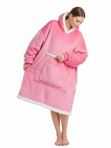 Short Style - Autumn/Winter Pullover Wearable Adult Flannel Hooded Sweatshirt, Polyester Double-Layer Hoodie Blanket, Warm & Comfortable Oversized Wearable Fleece Blanket Hoodie, Warm & Comfortable Oversized Fleece Blanket Hoodie With Sleeves And Giant Pockets