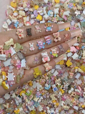 50Pcs Kawaii Bow Bear Nail Charms - 3D Resin Cartoon Nail Art Decor With Cute Ribbon Design, DIY Nail Accessories For Press On Nails, Sweet Animal Nail Embellishments