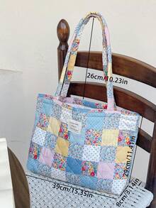 1 PC Printed Floral Patchwork Women Elegant Casual Quilted Shoulder Tote Bag Portable Large Capacity Shopping Bag Mommy Bag, For Office Commuting Travel And Vacation Essentials Cosmetics Makeup Toiletry Storage Bag, For Mobile Phone, Wallet, Sanitary Napkins, Keys, Laptop Computer, Wired Earphones, Earpods, Headphones, Charger, Lipsticks, Perfume, Skin Care And Beauty Products, Friend Gift Holiday Gift, Gifts For Women, Christmas Gifts, Gift Ideas For Women