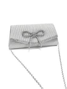 Bolsas de Festa Noturna Femininas em Veludo com Design de Envelope, Laço na Cor Prata, Pedras de Strass, Cobertura Pequena com Corrente de Ombro, Adequadas para Casamento, Baile de Formatura e Outras Ocasiões