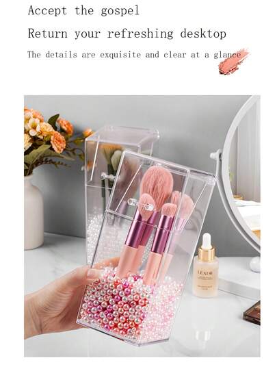 1 pieza Soporte de pluma de acrílico transparente, caja de almacenamiento de brochas de maquillaje con tapa abatible a prueba de polvo, accesorio de escritorio de acrílico, adecuado para tocadores, dormitorios y baños.