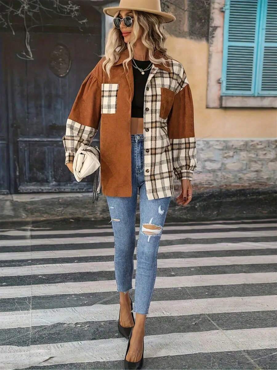 Plus Size Womens Classic Plaid Shirt Fashion Casual Avant Garde Design Outerwear Jacket For Autumn Winter 2025 In Earthy Tones